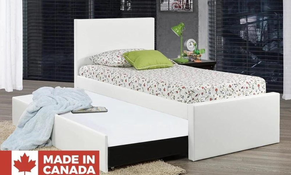 Leather Platform Bed with Storage and Twin Trundle - White (Made in Canada)