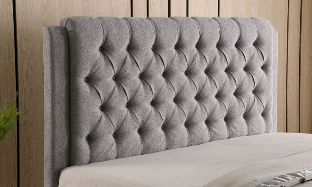 Platform Bed with Button-Tufted Fabric and 2 Drawers - Light Grey