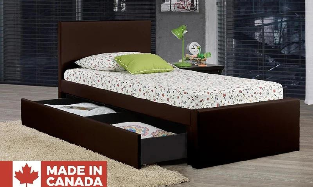 Leather Platform Bed with Storage and Twin Trundle - Espresso (Made in Canada)