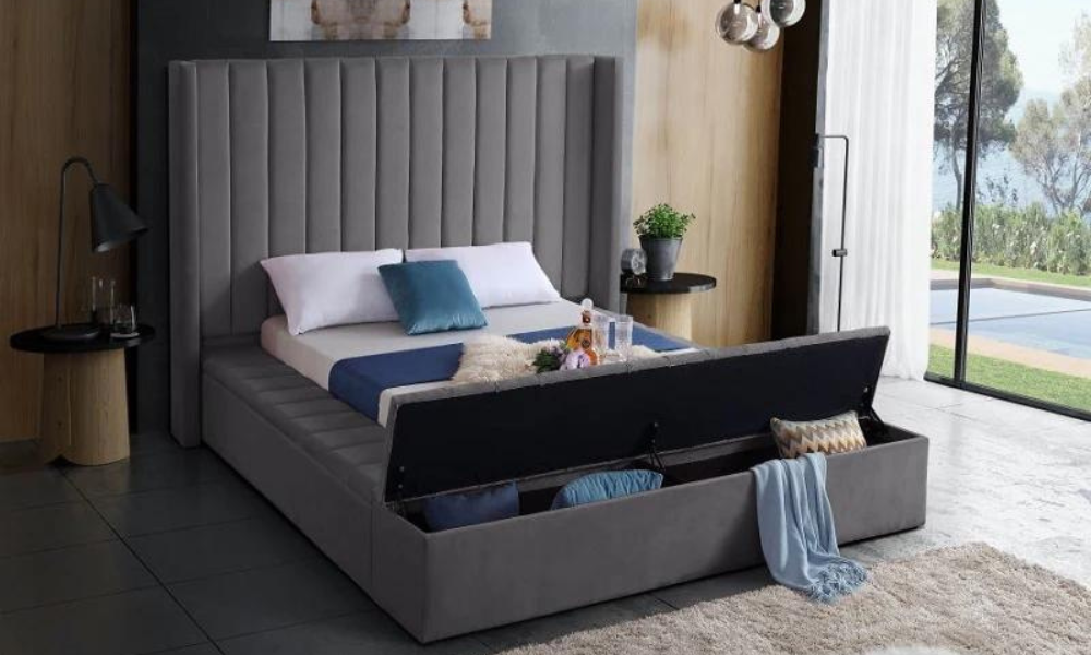 Platform Bed with Velvet Fabric and Storage Benches - Grey