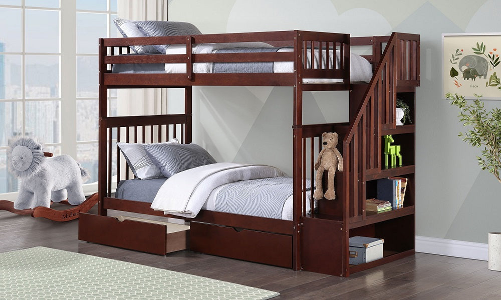 Bunk Bed - Twin over Twin with Staircase, Trundle or 2 Drawers Solid Wood - Espresso