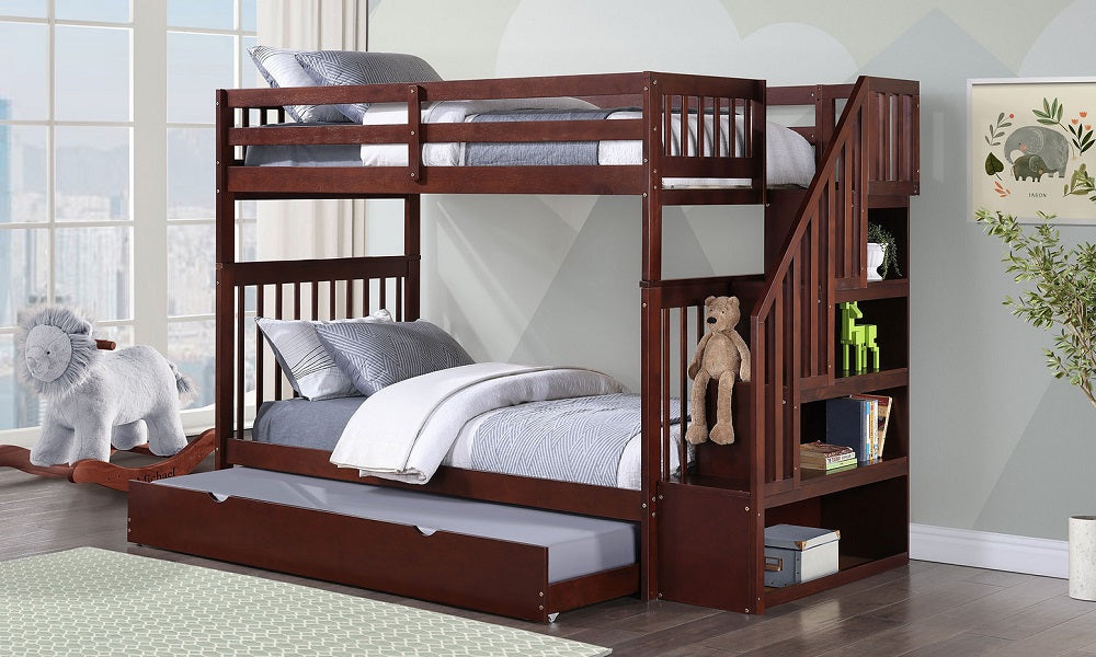 Bunk Bed - Twin over Twin with Staircase, Trundle or 2 Drawers Solid Wood - Espresso