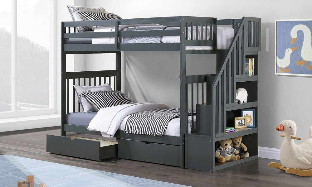 Bunk Bed - Twin over Twin with Staircase, Trundle or 2 Drawers Solid Wood - Grey