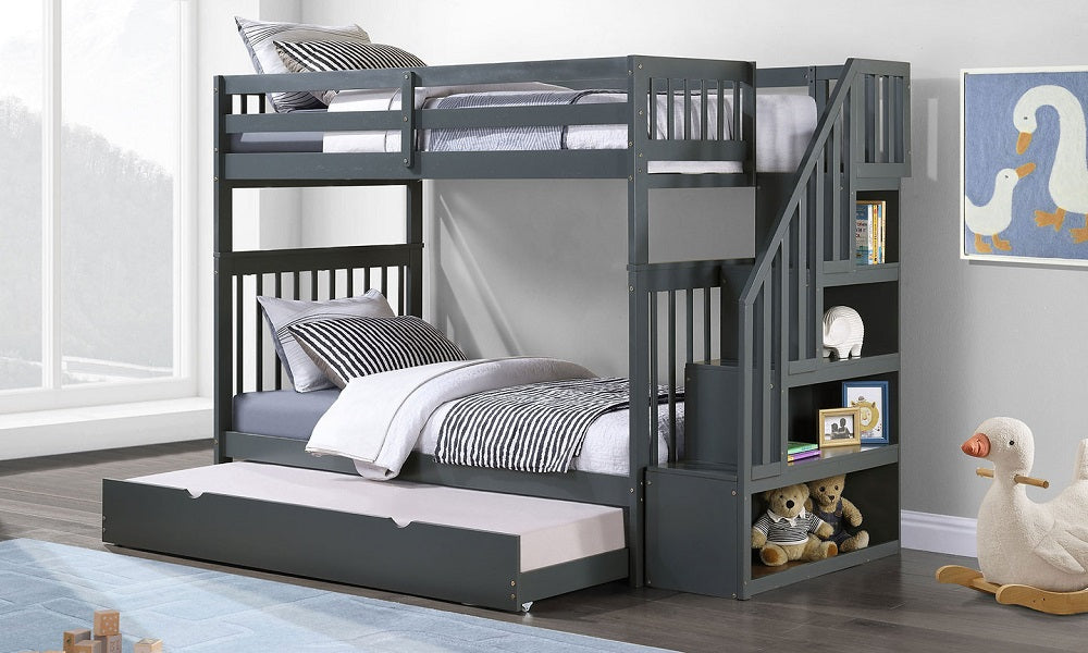 Bunk Bed - Twin over Twin with Staircase, Trundle or 2 Drawers Solid Wood - Grey