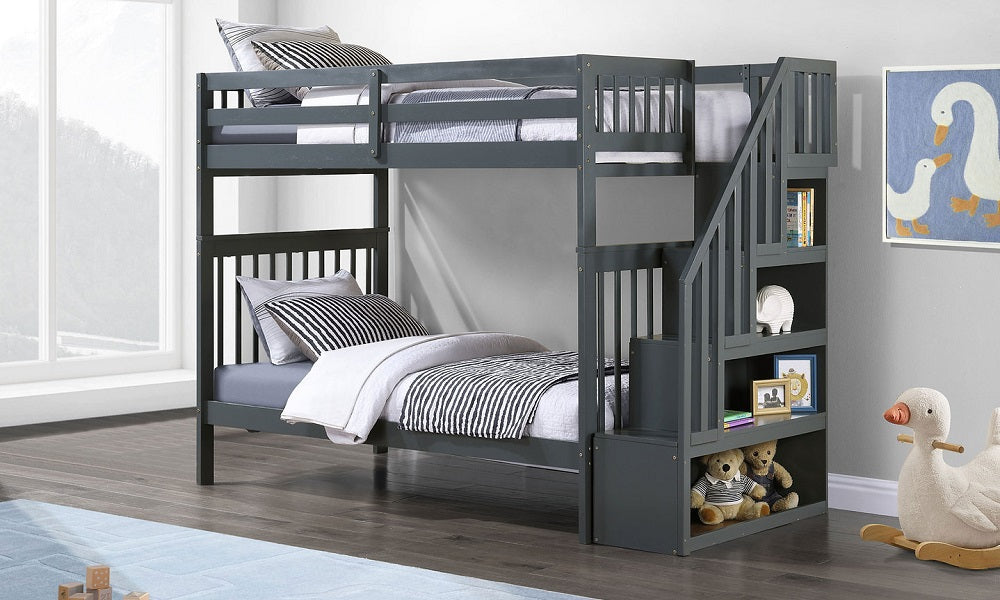 Bunk Bed - Twin over Twin with Staircase, Trundle or 2 Drawers Solid Wood - Grey