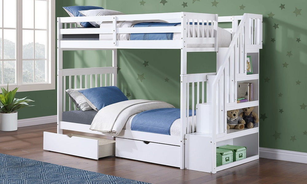Bunk Bed - Twin over Twin with Staircase, Trundle or 2 Drawers Solid Wood - White