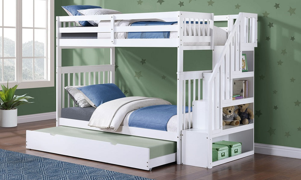 Bunk Bed - Twin over Twin with Staircase, Trundle or 2 Drawers Solid Wood - White
