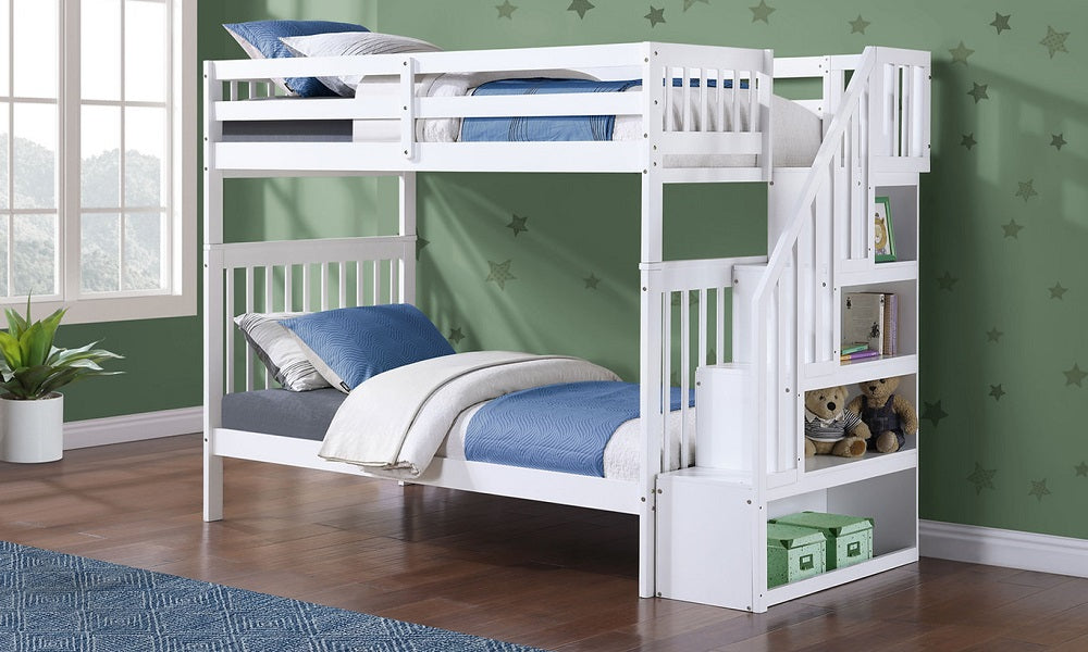 Bunk Bed - Twin over Twin with Staircase, Trundle or 2 Drawers Solid Wood - White