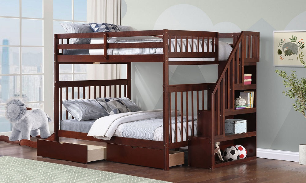 Bunk Bed - Double over Double with Staircase, Trundle or 2 Drawers Solid Wood - Espresso