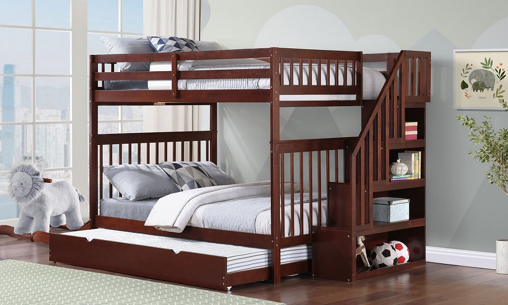 Bunk Bed - Double over Double with Staircase, Trundle or 2 Drawers Solid Wood - Espresso
