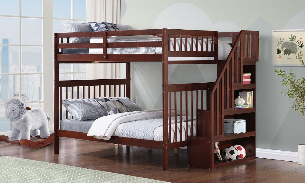 Bunk Bed - Double over Double with Staircase, Trundle or 2 Drawers Solid Wood - Espresso