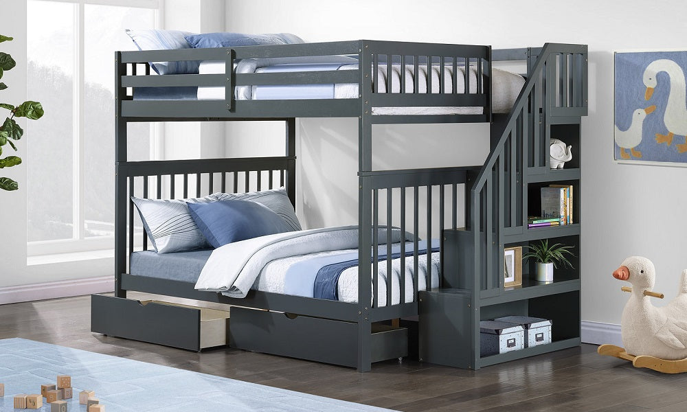 Bunk Bed - Double over Double with Staircase, Trundle or 2 Drawers Solid Wood - Grey