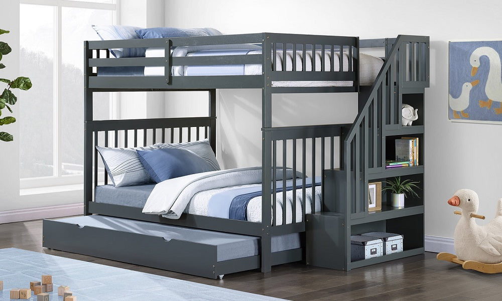 Bunk Bed - Double over Double with Staircase, Trundle or 2 Drawers Solid Wood - Grey