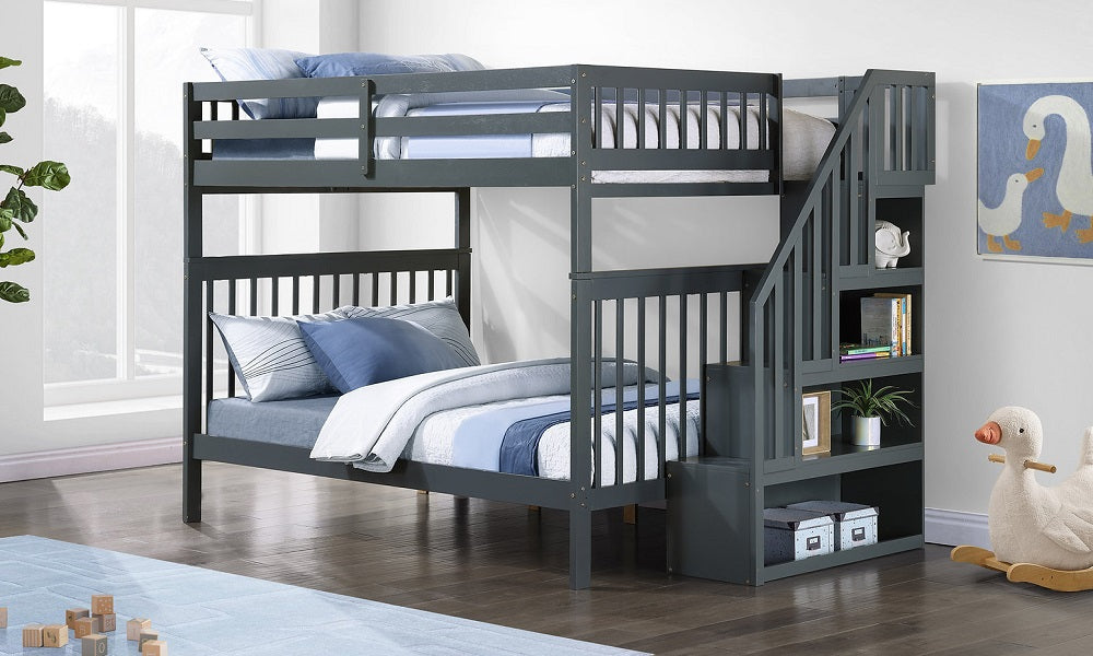 Bunk Bed - Double over Double with Staircase, Trundle or 2 Drawers Solid Wood - Grey