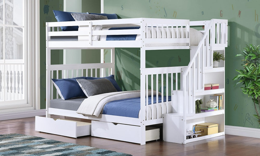 Bunk Bed - Double over Double with Staircase, Trundle or 2 Drawers Solid Wood - White