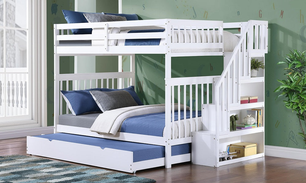 Bunk Bed - Double over Double with Staircase, Trundle or 2 Drawers Solid Wood - White