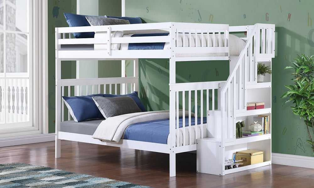 Bunk Bed - Double over Double with Staircase, Trundle or 2 Drawers Solid Wood - White
