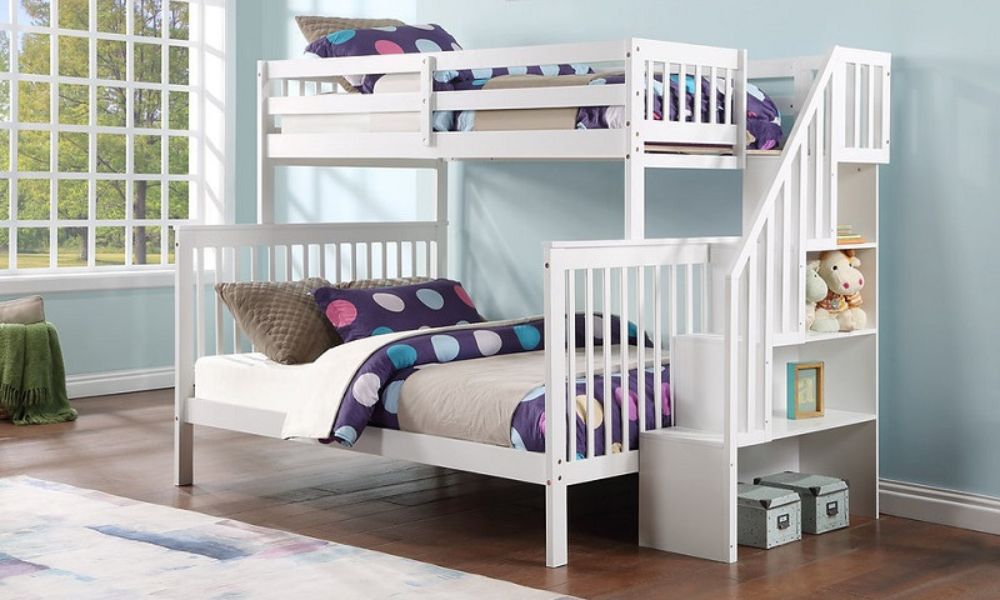 Bunk Bed - Twin over Double with Staircase, Trundle or 2 Drawers Solid Wood - White