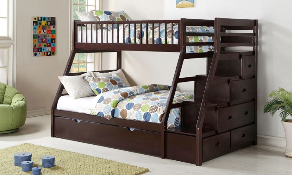 Bunk Bed - Twin over Double with Trundle, Drawers, Staircase Solid Wood - Espresso