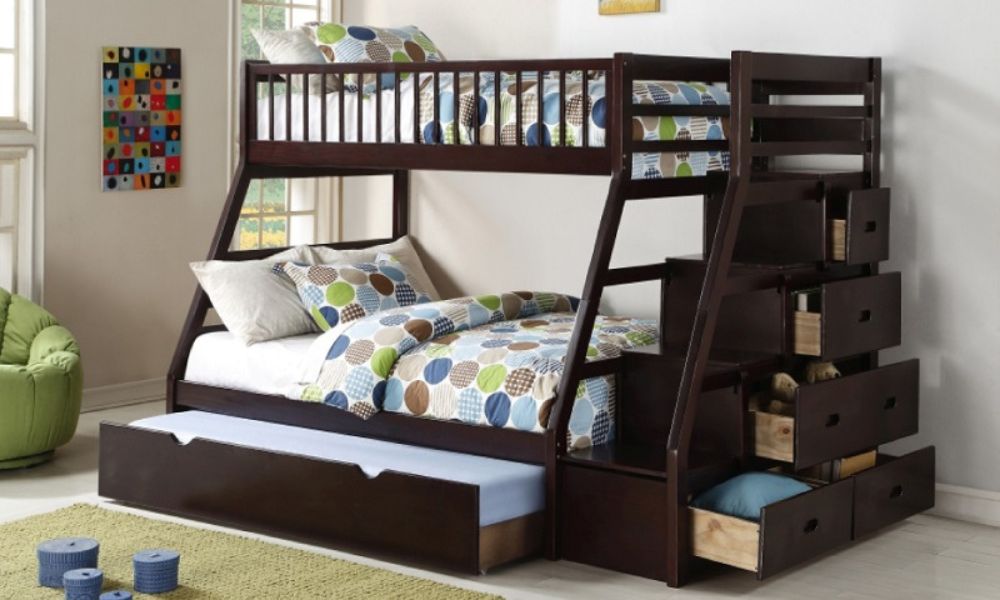 Bunk Bed - Twin over Double with Trundle, Drawers, Staircase Solid Wood - Espresso