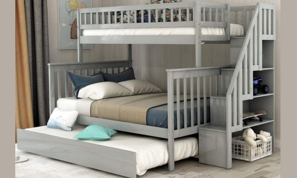 Bunk Bed - Twin over Double with Trundle, Storage, Staircase Solid Wood - Grey