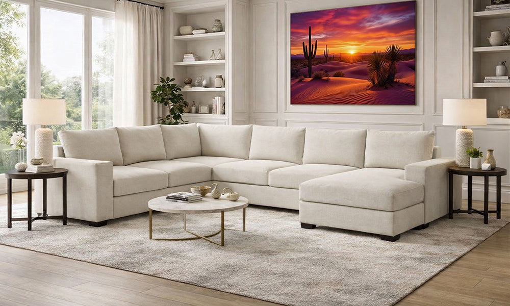 Canapé d'angle en tissu de luxe 2 x 2 avec accoudoir et méridienne (Fabriqué au Canada)