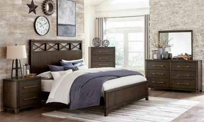 Solid Wood and Ash Veneer Bedroom Set - Dark Brown 