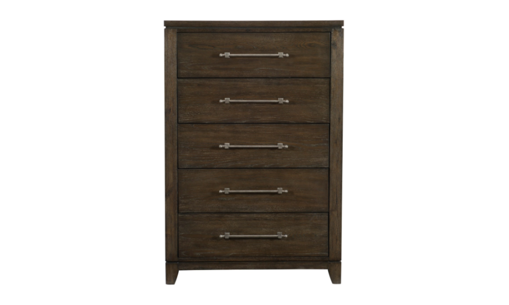 Solid Wood and Ash Veneer Bedroom Set - Dark Brown - 5 Drawer Chest